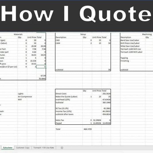 A video cover titled 'How I Quote' with the 'RIVAL MACHINING' logo in the top right. The slide features multiple tables of financial or manufacturing data on a white grid background, with a small inset photo of a man in a blue shirt in the bottom right corner.